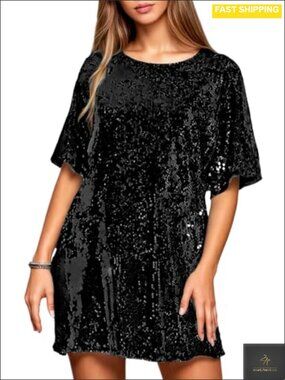 Sequin Dress Deep V-Neck Back Tie Loose Party Club Cocktail